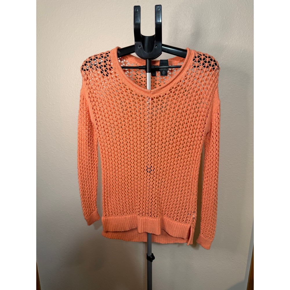 Mossimo Womens XS Peach Orange Open Knit Crochet V-Neck Sweater Mesh Pullover